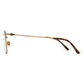 A pair of square eyeglasses with a black frame, gold temples.