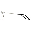 A pair of square eyeglasses with a black frame, silver temples.