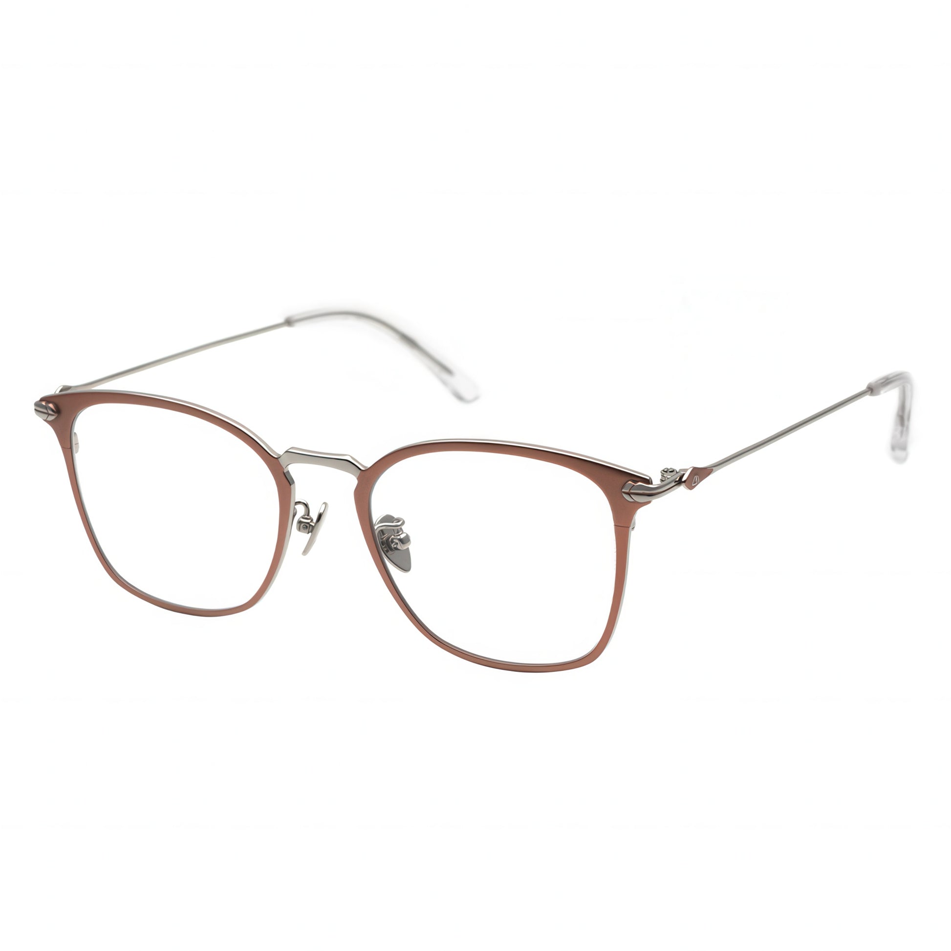 rectangular metal frames in a matte copper color with a contrasting dark grey bridge.