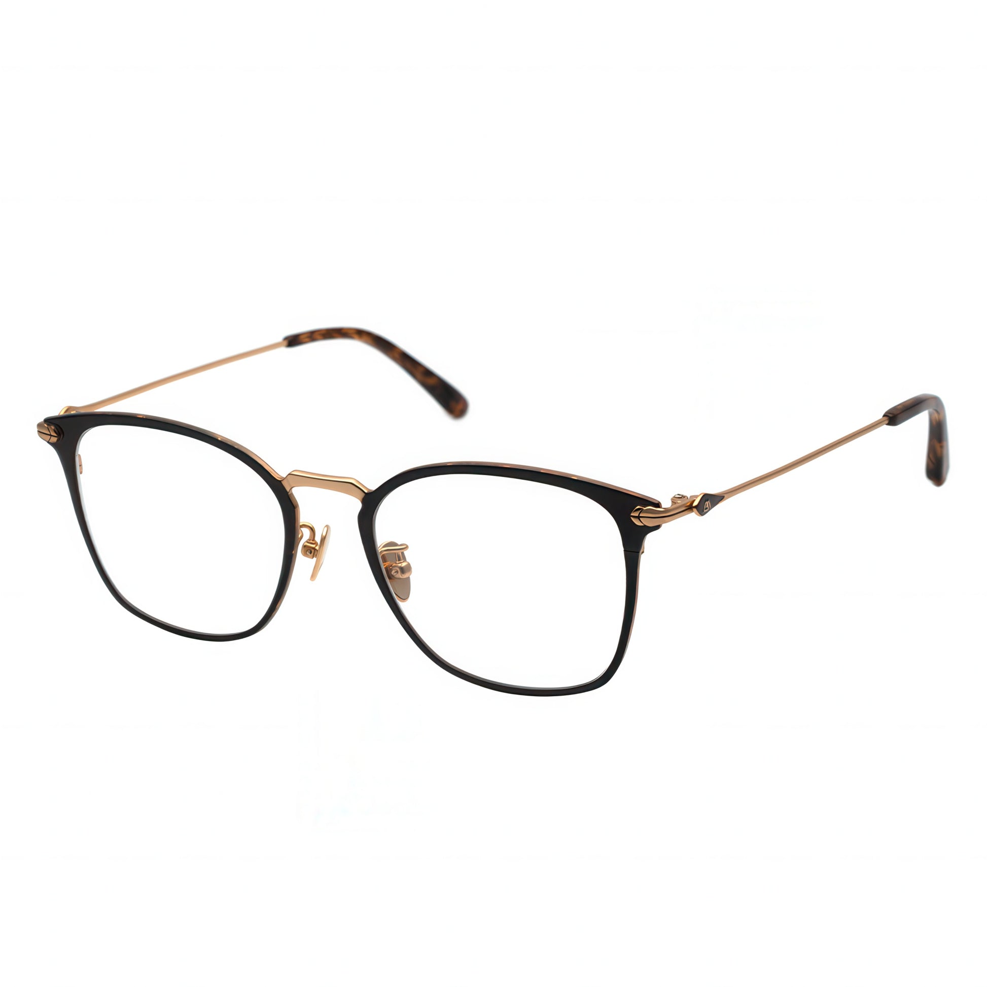 Three-quarter view of angular black and gold combination eyeglasses with tortoiseshell temple tips.