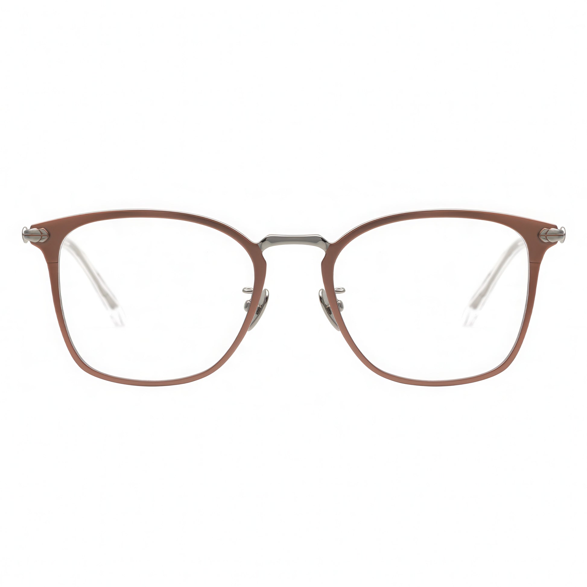 Front view of soft rectangular metal frames in a matte copper color with a contrasting dark grey bridge.
