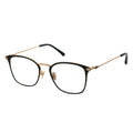 Three-quarter view of angular black and gold combination frame eyeglasses.