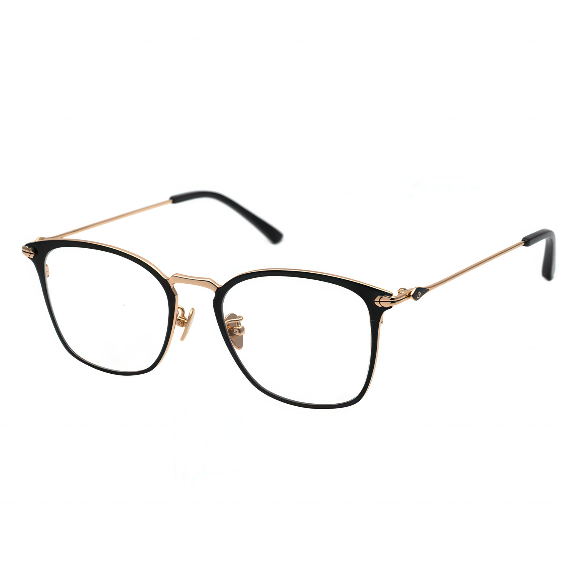 Three-quarter view of angular black and gold combination frame eyeglasses.