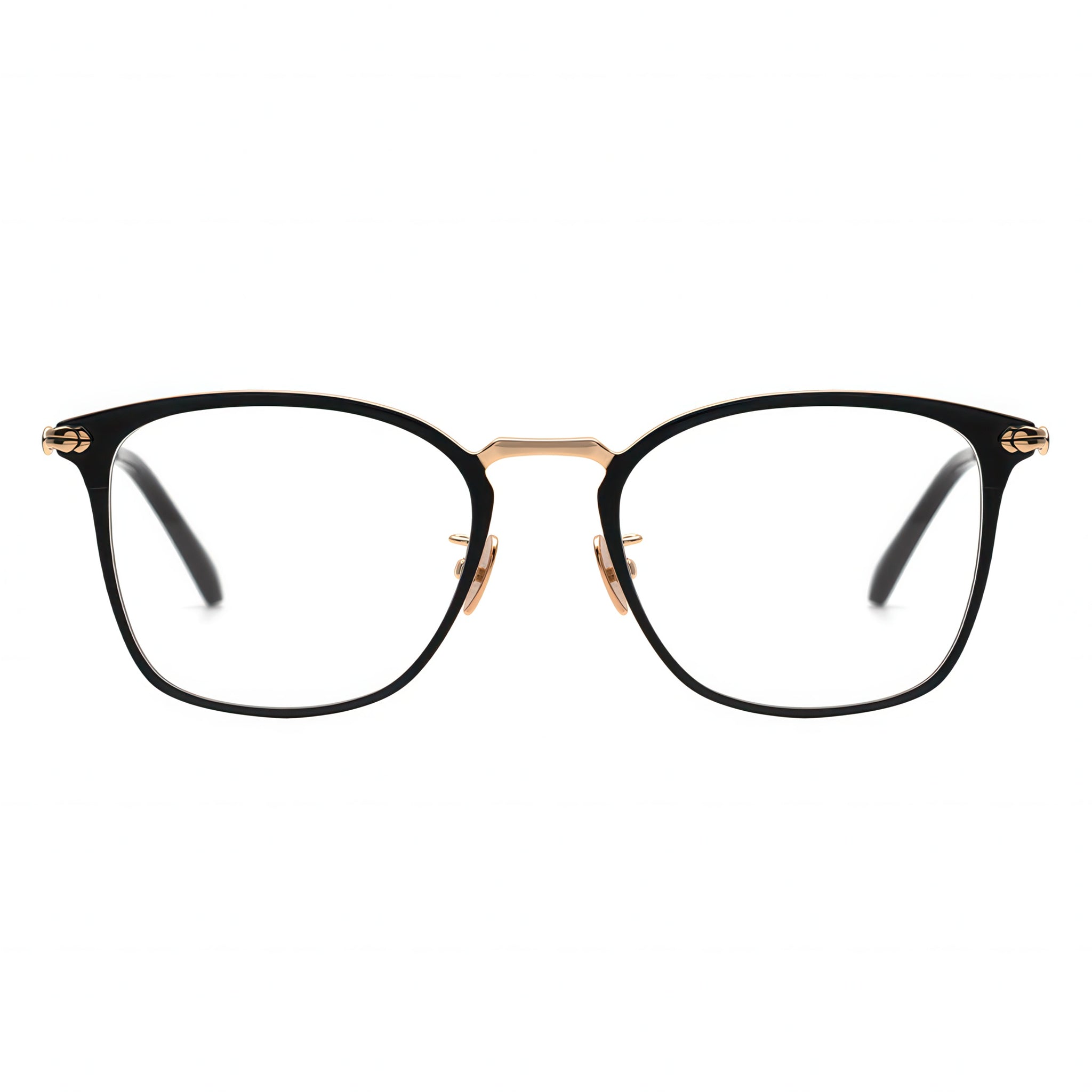 Front view of angular black and gold combination frame eyeglasses.