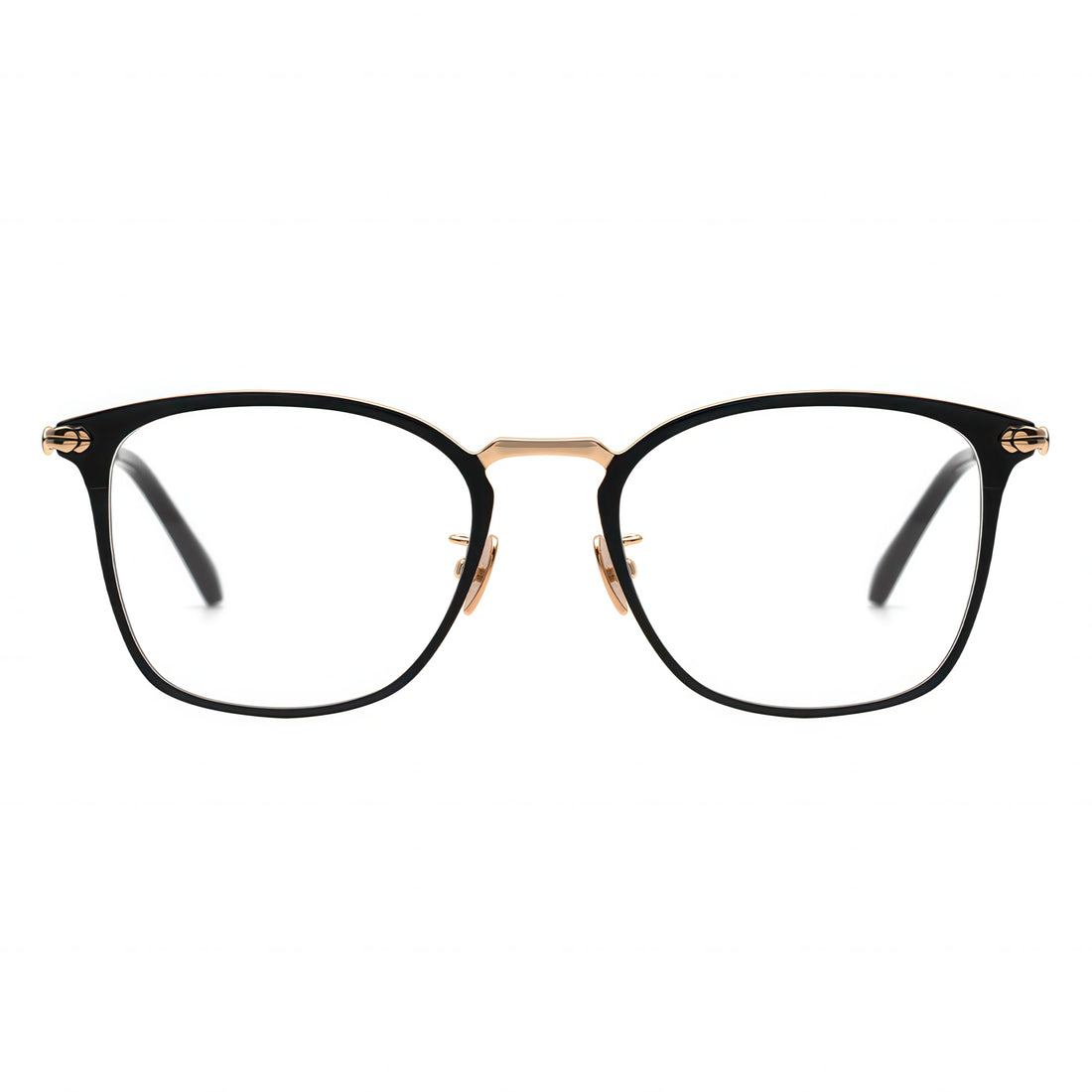 Front view of angular black and gold combination frame eyeglasses.