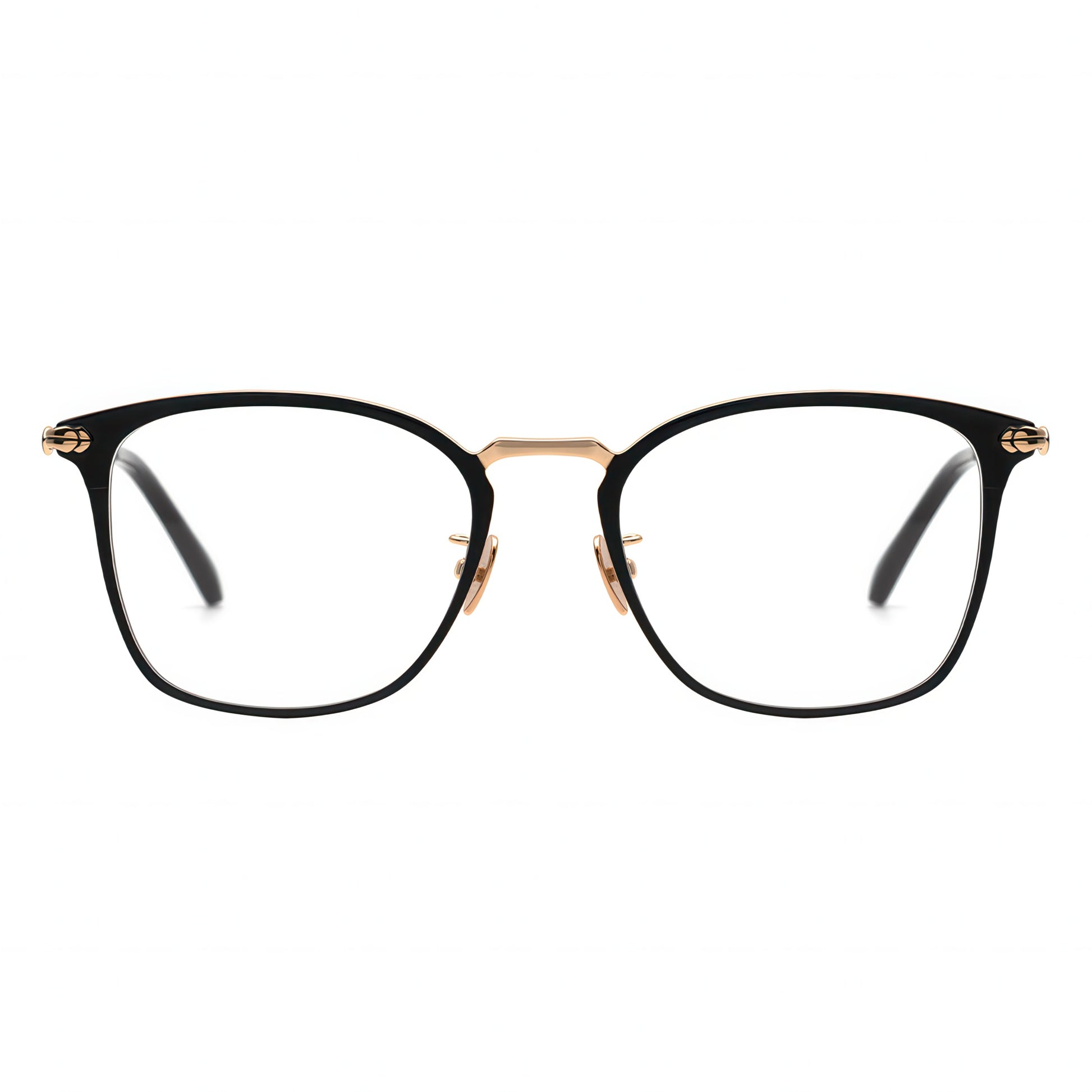 Front view of angular black and gold combination frame eyeglasses.