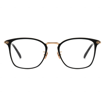 Front view of angular black and gold combination frame eyeglasses.