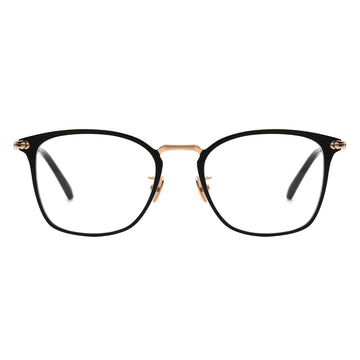 A pair of square eyeglasses with a black frame, gold temples.