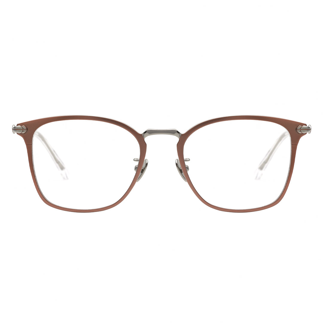A pair of square eyeglasses with a rustic brown frame, silver temples.