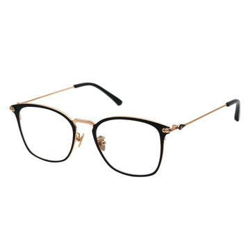 A pair of square eyeglasses with a black frame, gold temples.
