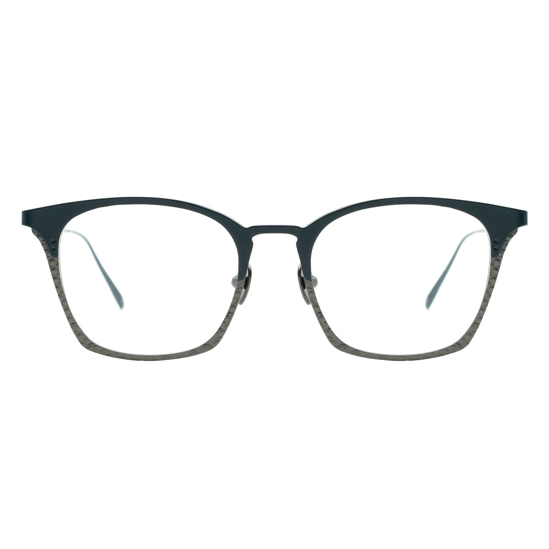 A pair of rectangular browline eyeglasses with a black frame, transparent lenses, and a metal material.