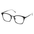 A pair of rectangular browline eyeglasses with a black frame, transparent lenses, and a metal material.