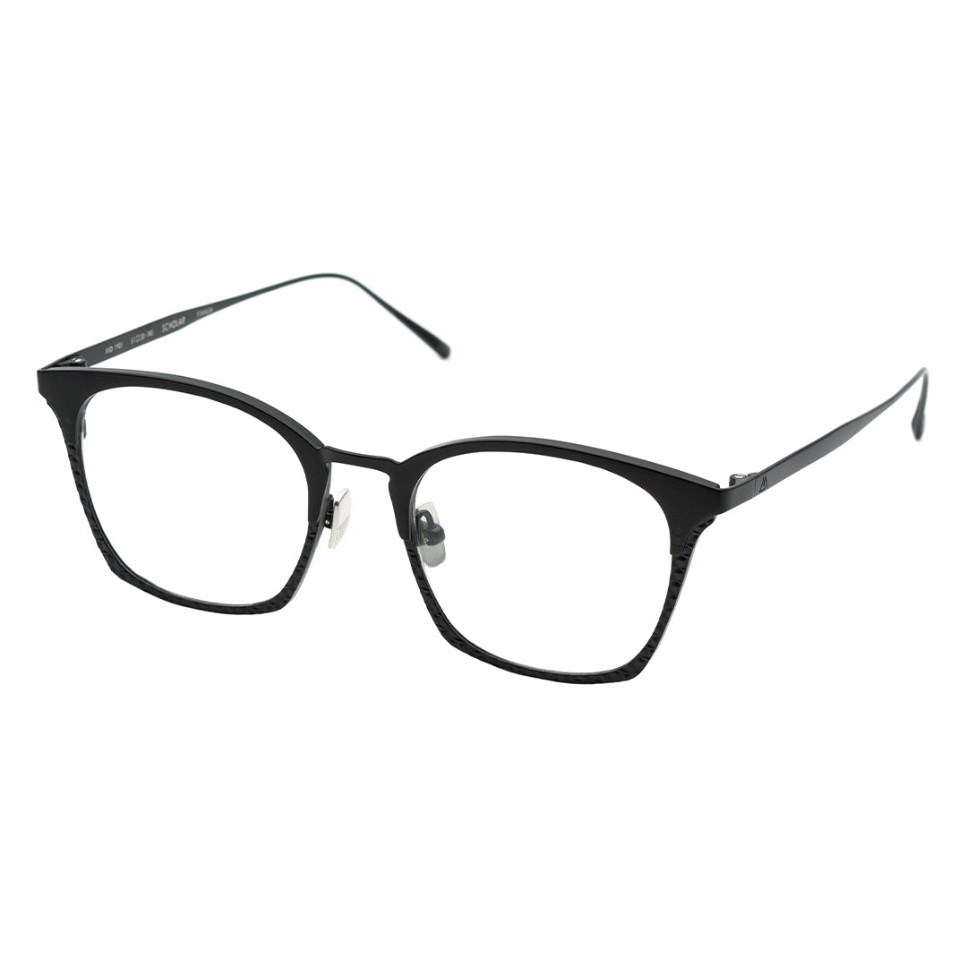 A pair of rectangular browline eyeglasses with a black frame, transparent lenses, and a metal material.