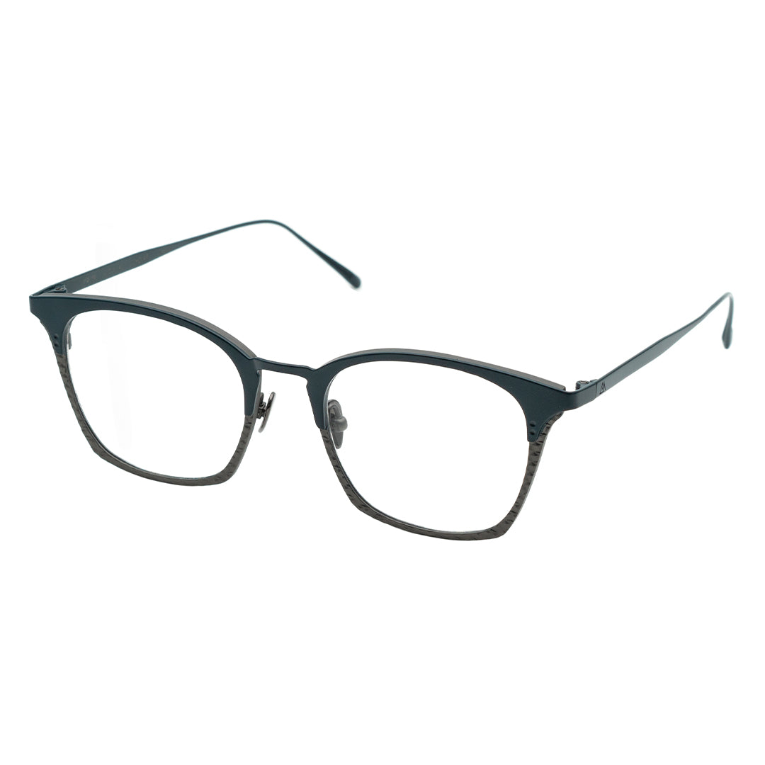 A pair of rectangular browline eyeglasses with a black frame, transparent lenses, and a metal material.