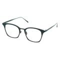 A pair of rectangular browline eyeglasses with a black frame, transparent lenses, and a metal material.