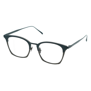 A pair of rectangular browline eyeglasses with a black frame, transparent lenses, and a metal material.