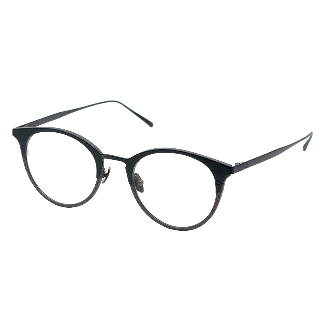 A pair of round full frame metal eyeglasses with black and blue accents on the frame, and transparent lenses.