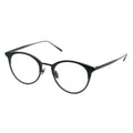 A pair of round full frame metal eyeglasses with black and blue accents on the frame, and transparent lenses.