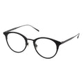 A pair of round full frame metal eyeglasses with black and blue accents on the frame, and transparent lenses.