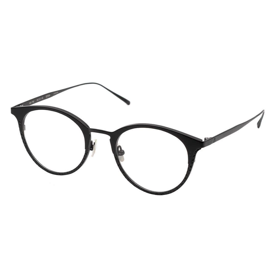 A pair of round full frame metal eyeglasses with black and blue accents on the frame, and transparent lenses.