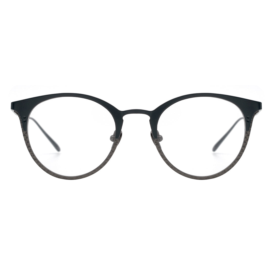A pair of round full frame metal eyeglasses with black and blue accents on the frame, and transparent lenses.