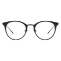 A pair of round full frame metal eyeglasses with transparent lenses and black frame color, unisex design.