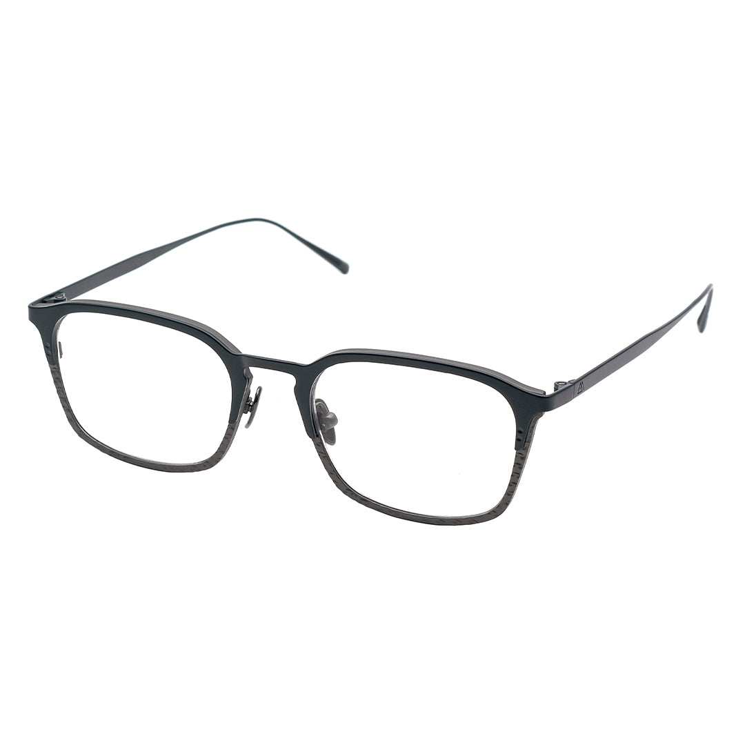 Black rectangular browline eyeglasses with metal frame.