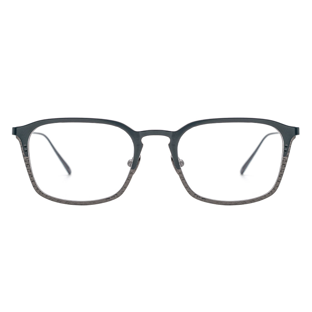 Black rectangular browline eyeglasses with metal frame.