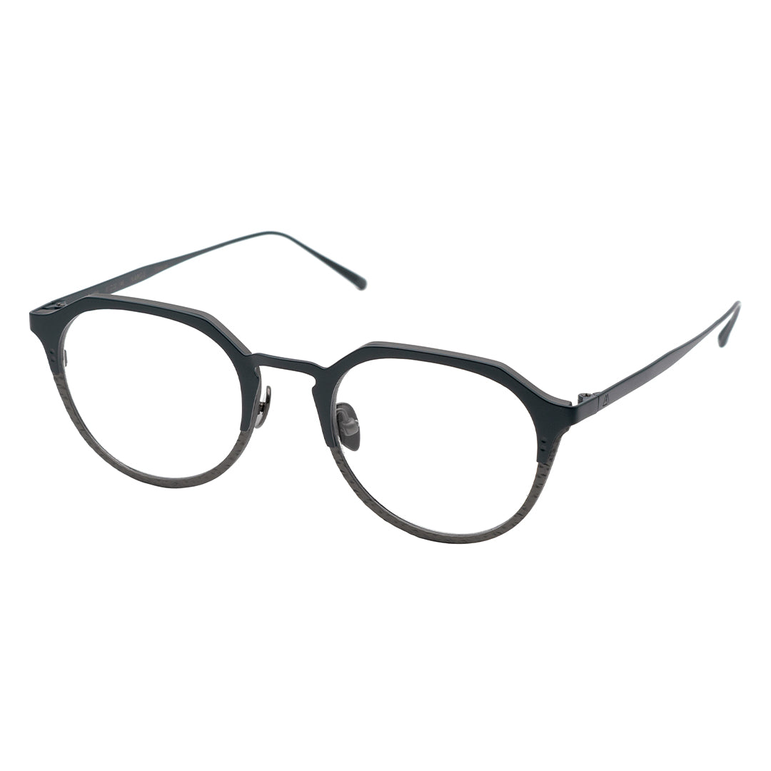 A pair of oval eyeglasses with a black frame.