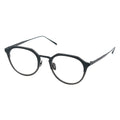 A pair of oval eyeglasses with a black frame.