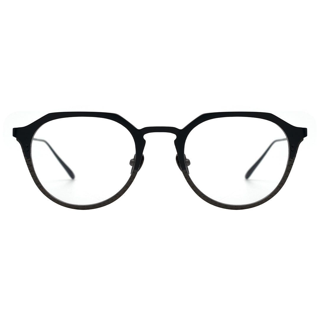 A pair of oval eyeglasses with a black frame.