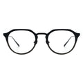 A pair of oval eyeglasses with a black frame.