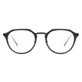 A pair of oval eyeglasses with a black frame.