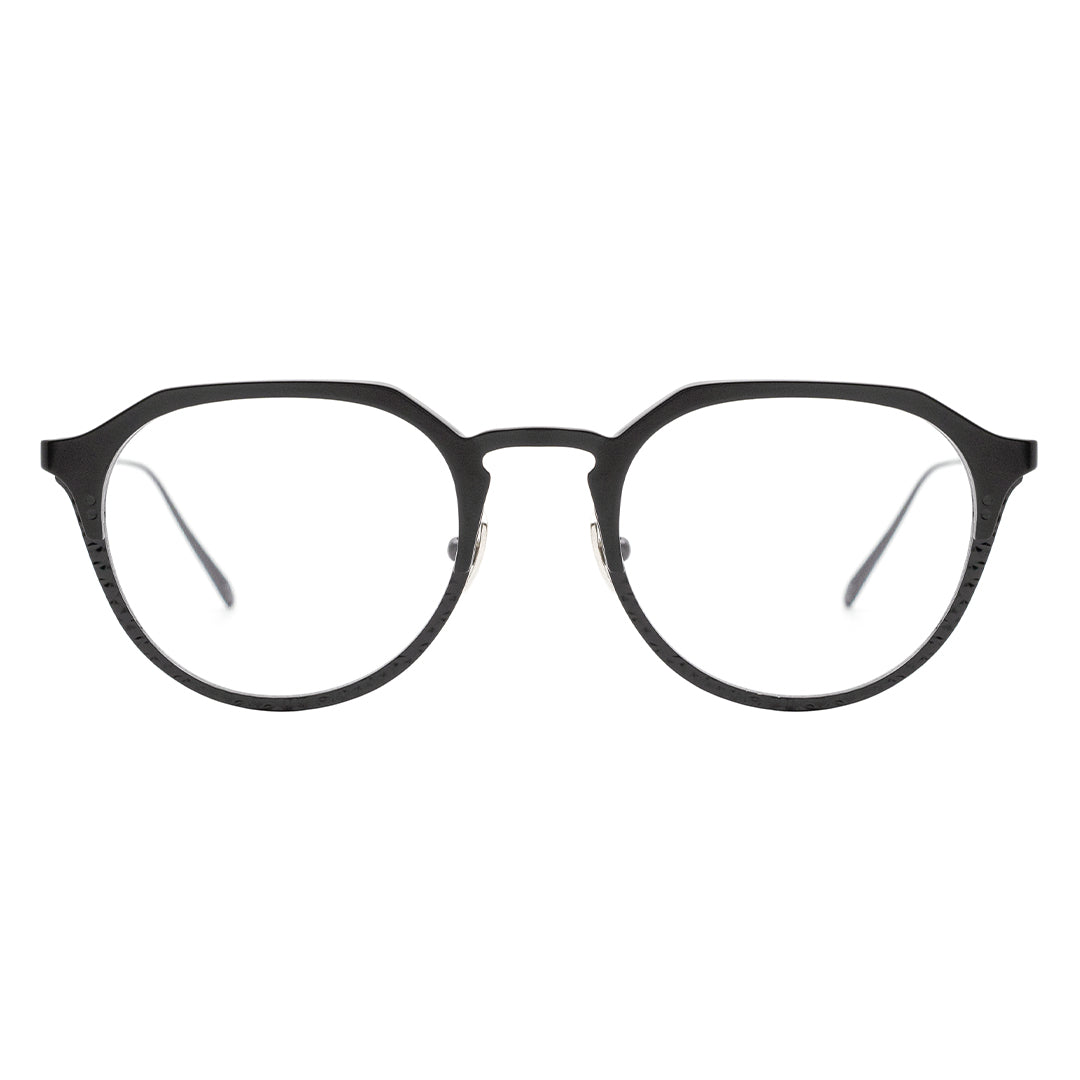 A pair of oval eyeglasses with a black frame.