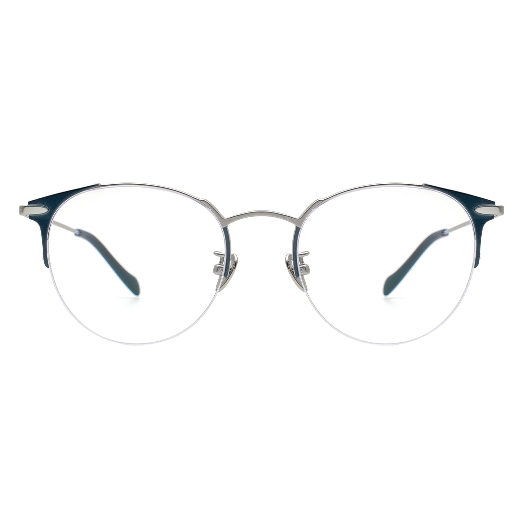 Browline eyeglasses with a thick top bar and lightweight metal bottom, featuring transparent lenses and silver-colored accents.