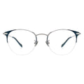 A pair of browline metal eyeglasses with transparent lenses and blue accents.