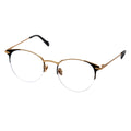 A pair of browline gold eyeglasses with transparent lenses and black accents.