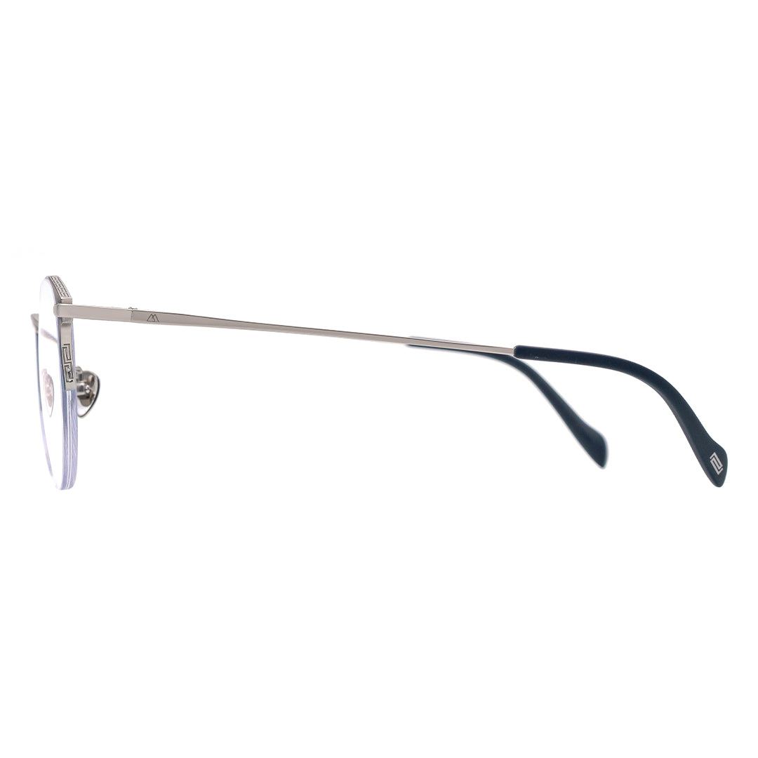 A pair of browline metal eyeglasses with transparent lenses and blue accents.