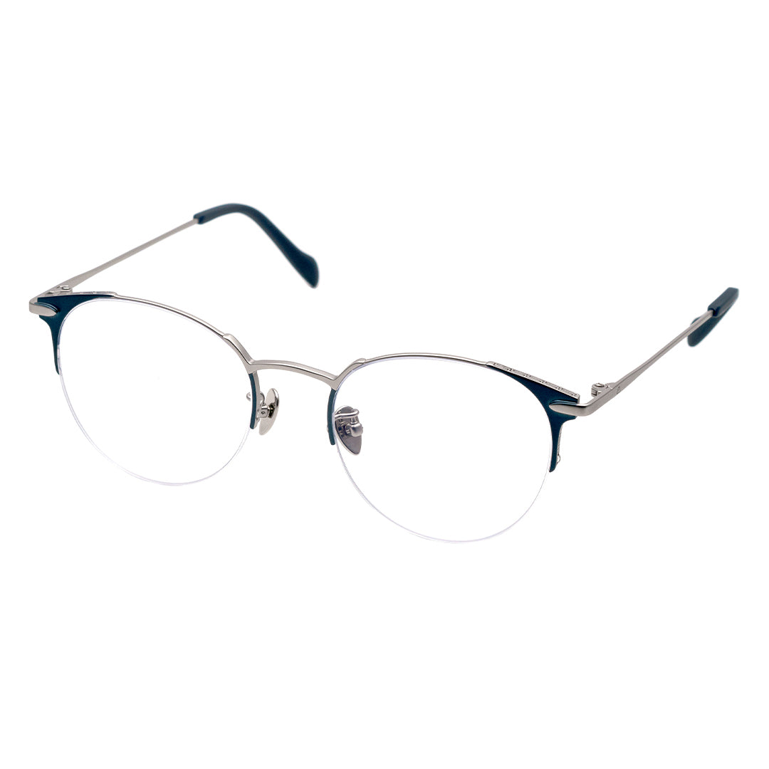 Browline eyeglasses with a thick top bar and lightweight metal bottom, featuring transparent lenses and silver-colored accents.