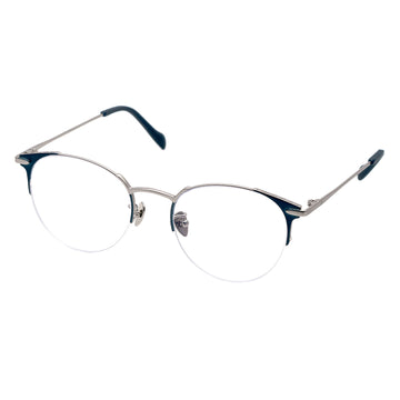 Browline eyeglasses with a thick top bar and lightweight metal bottom, featuring transparent lenses and silver-colored accents.