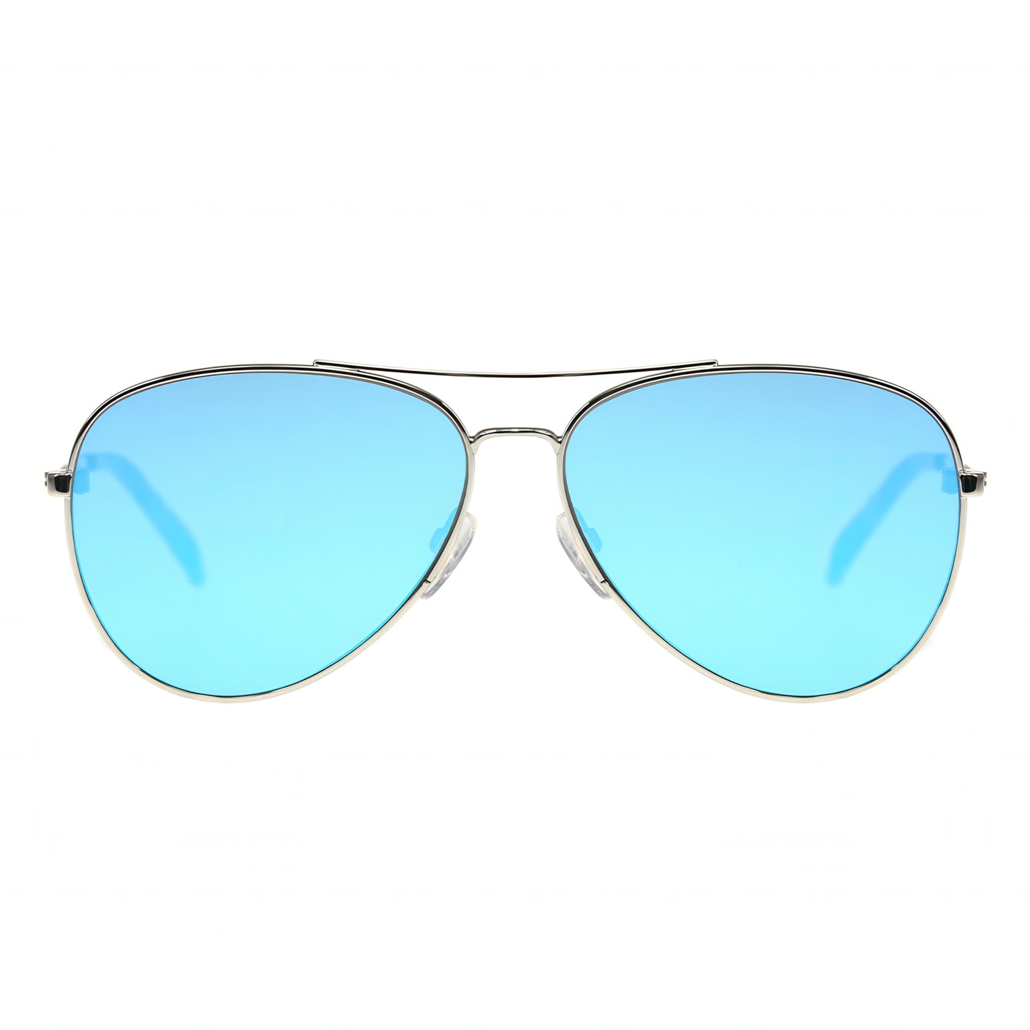 Aviator sunglasses with blue mirrored lenses on a white background