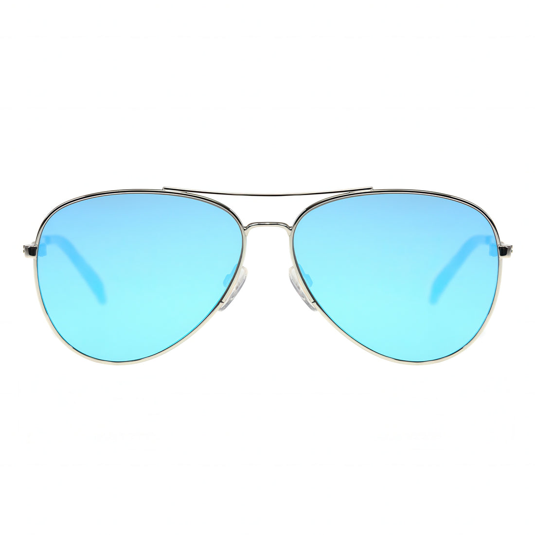 Aviator sunglasses with blue mirrored lenses on a white background