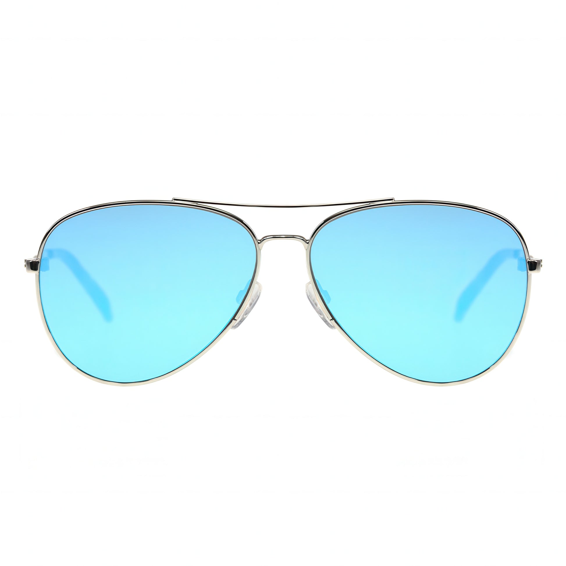 Aviator sunglasses with blue mirrored lenses on a white background