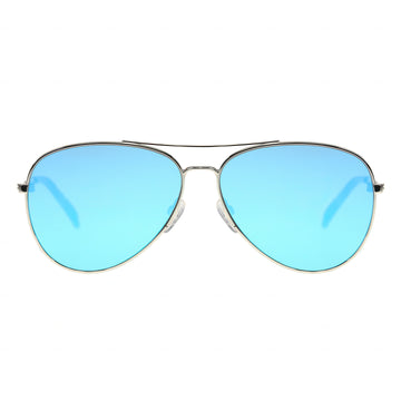 Aviator sunglasses with blue mirrored lenses on a white background