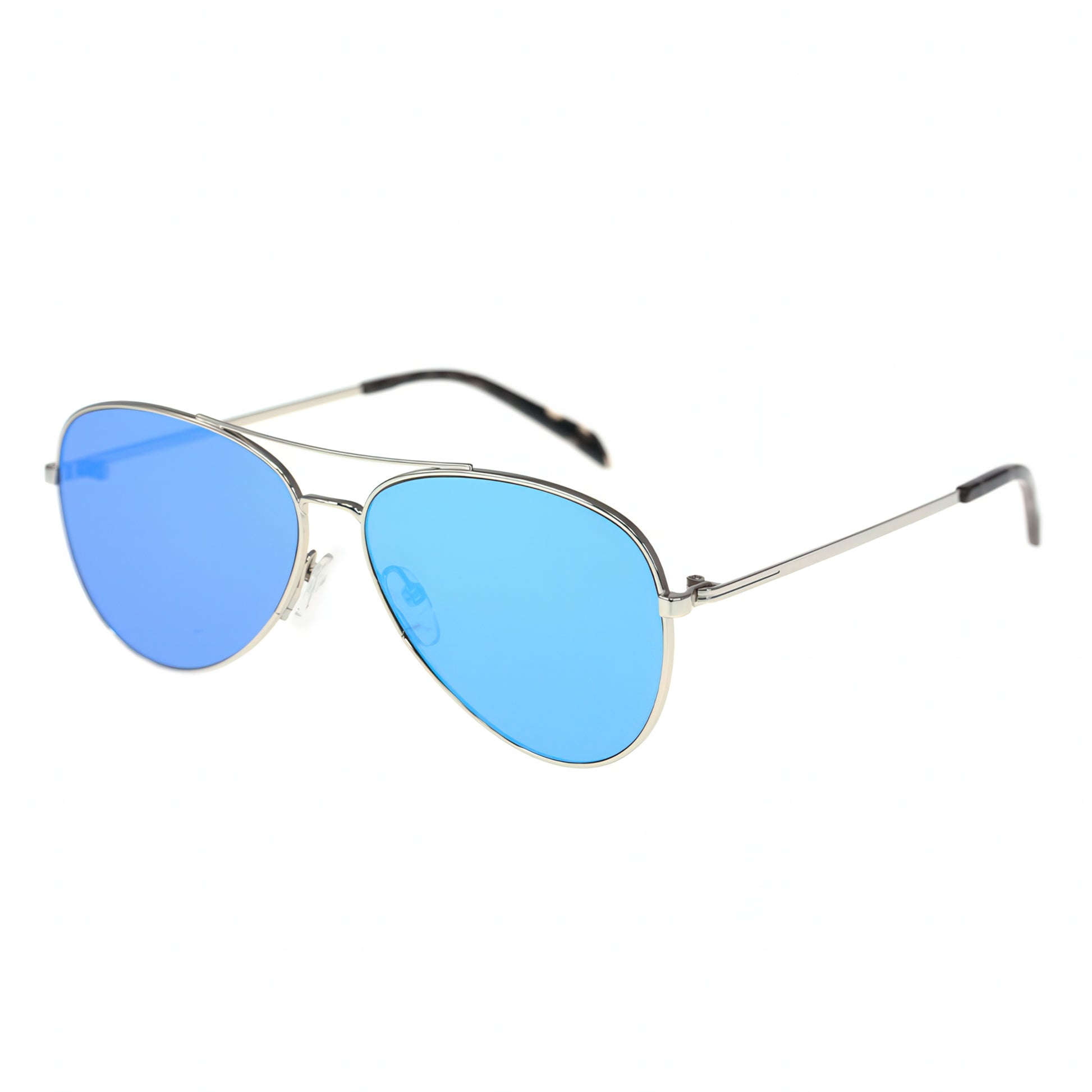 Aviator sunglasses with blue lenses and silver frames on a white background