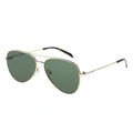 Aviator sunglasses with gold frame and green lenses on a white background