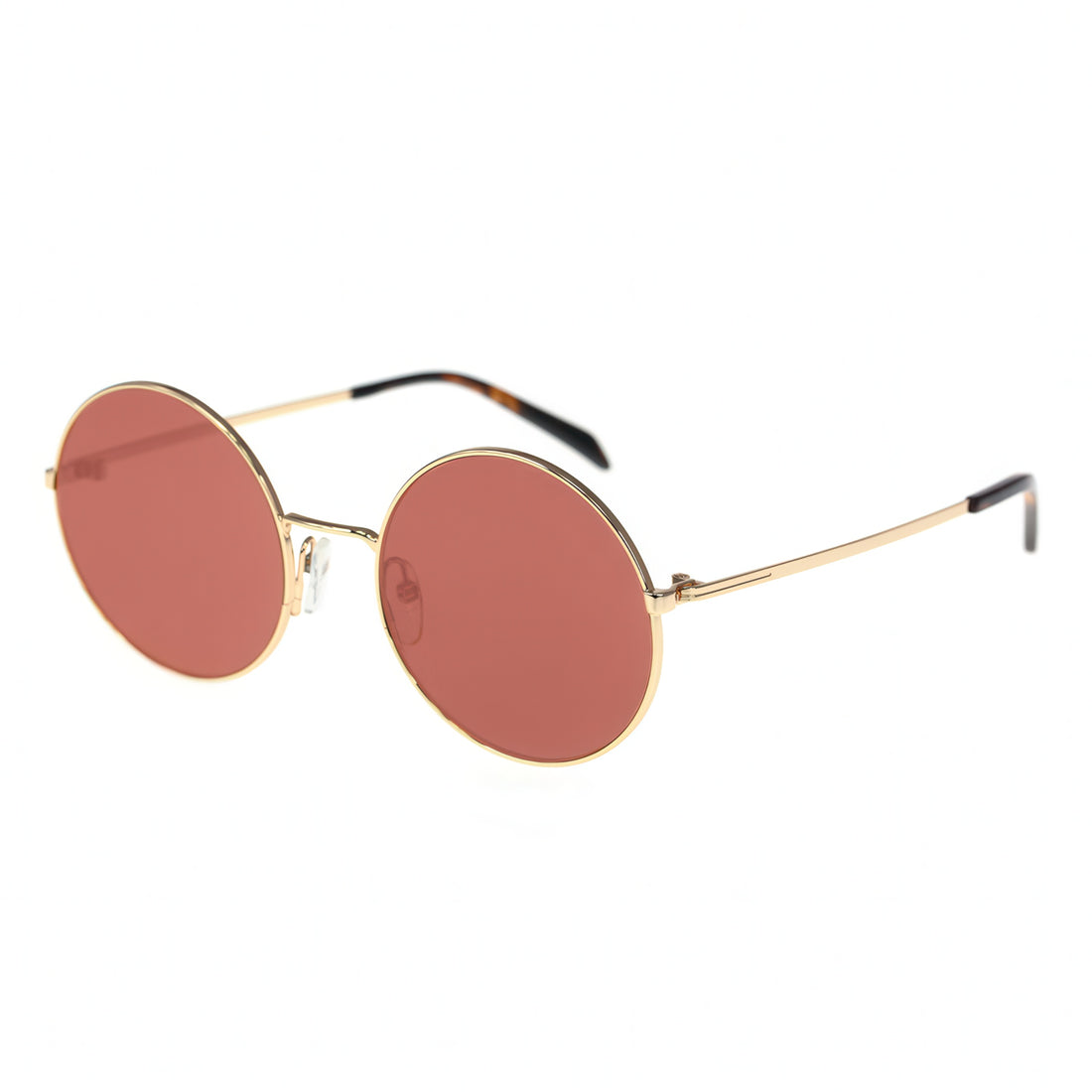 Round sunglasses with gold frame and red lenses on a white background