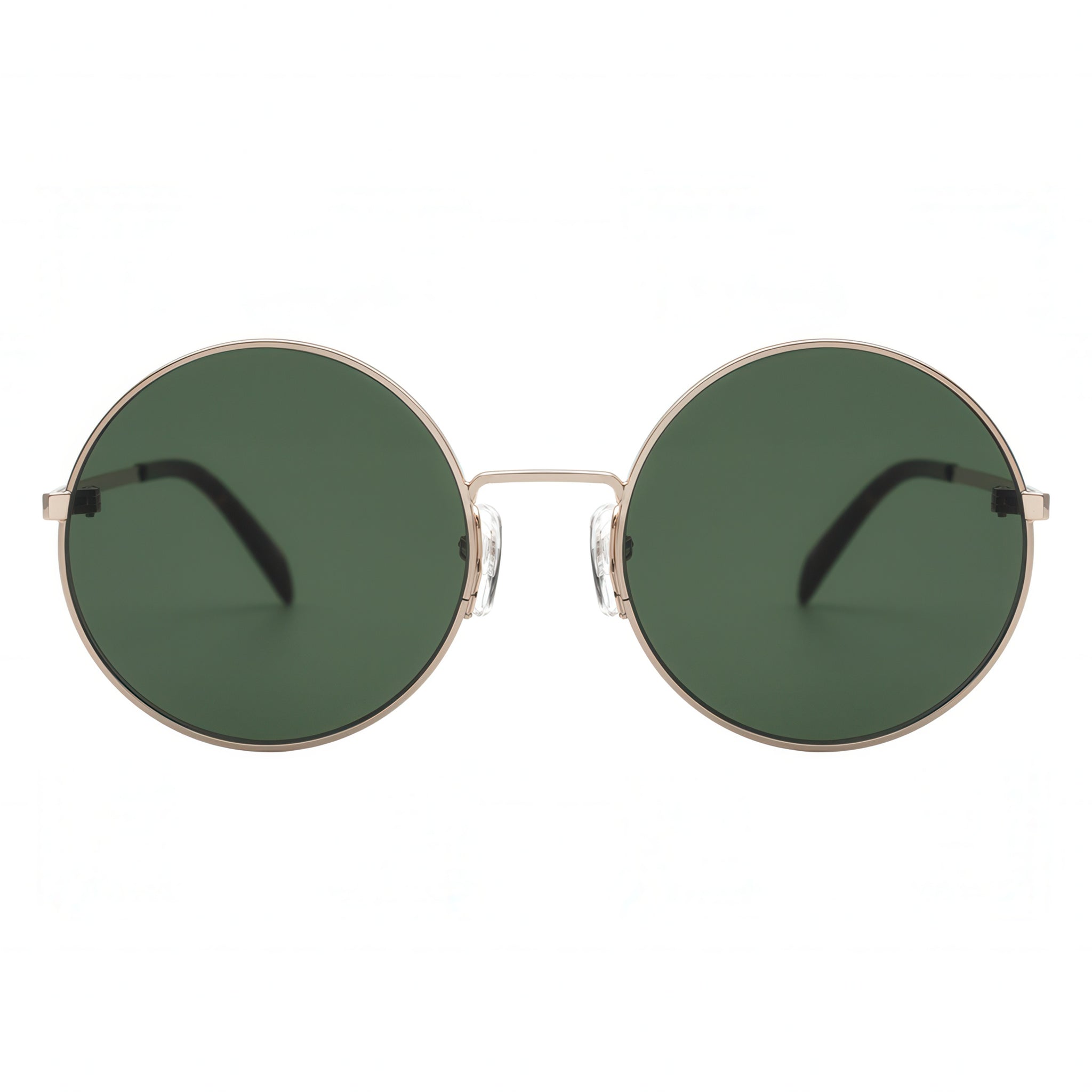 Round sunglasses with green lenses and gold frames on a white background