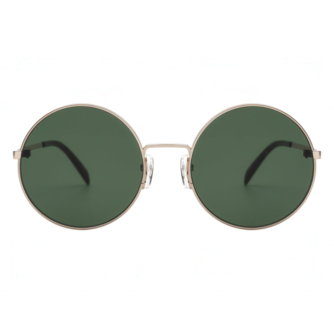Round sunglasses with green lenses and gold frames on a white background
