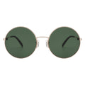 Round sunglasses with green lenses and gold frames on a white background